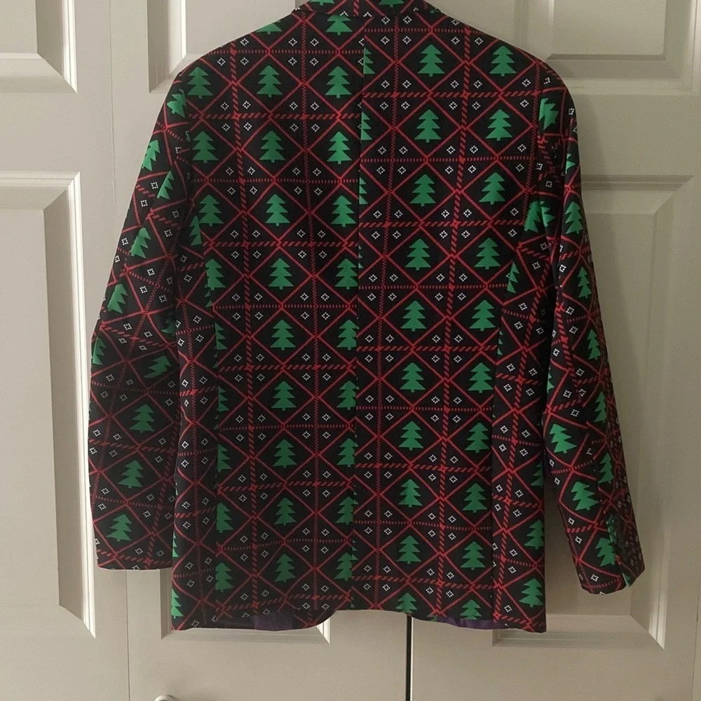 OPPO SUITS Christmas Blazer Mens 36 red and green design on black background